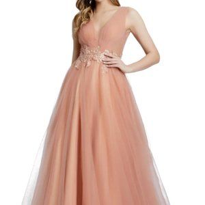 MAC DUGGAL ILLUSIONS EMBELLISHED BOAT NECK TULLE APRICOT BALL-GOWN sz 4